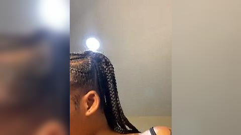 Media: Video of a close-up view of a person with medium brown skin, showing their braided hair in the foreground against a light beige wall, with a bright light source illuminating from the top left.