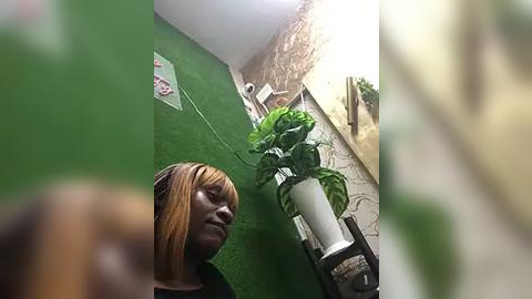 Media: Video of a woman with light skin and long, blonde hair, standing in a small, green-walled room with a potted plant on a white stand.