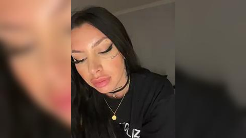 Media: Video of a young woman with long black hair, wearing a black hoodie and choker necklace, applying makeup in a dimly lit room.