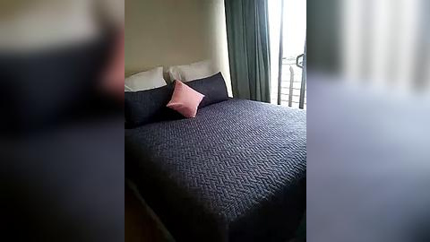 Media: Video of a minimalist bedroom with a dark grey bedspread, two pillows, and a pink throw pillow. The room has beige walls, a large window with sheer curtains, and a wooden floor.