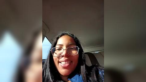 Media: Video of a smiling, light-skinned woman with long black hair, wearing glasses and a blue shirt, captured from inside a car. The background is blurred, with sunlight streaming in, creating a warm atmosphere.