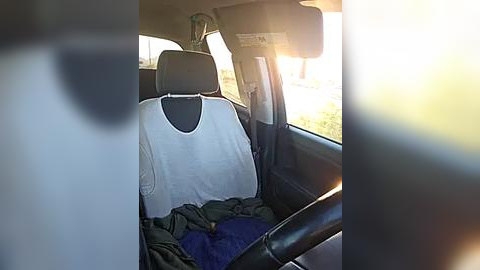 Media: Video of a car interior during daylight, showing a white cloth seat cover draped over the front seats. The driver's seat is occupied, with a green jacket and blue blanket visible. Sunlight streams through the windshield, creating lens flares.