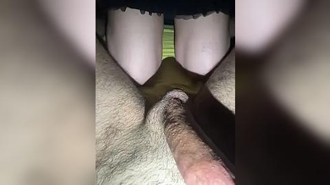 Media: A close-up video of a person's genitals and thighs, showing pubic hair and a penis, with a blurred background.