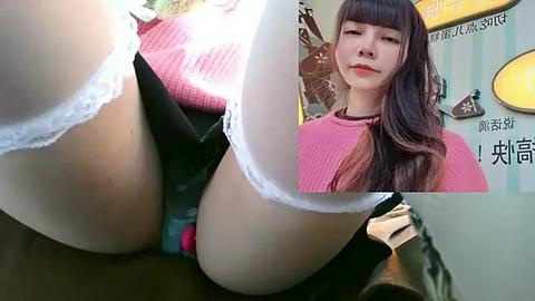 Media: Video collage: close-up of white lace panties, Asian woman in pink sweater, and colorful store background.