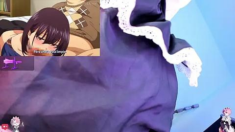 Media: Anime screenshot collage: top left, a woman with short black hair, blushing, in a brown outfit; bottom left, a close-up of a blue skirt with white lace; bottom right, a close-up of a blue skirt with white lace.