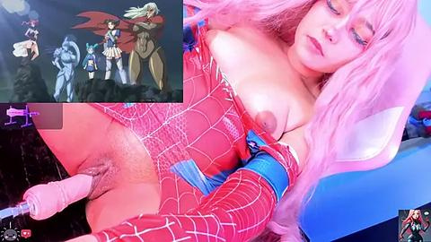 Media: A collage of explicit images featuring a woman in a Spider-Man costume, with an anime character in the background. The woman is depicted in a sexualized manner, with her breasts and genitals exposed.