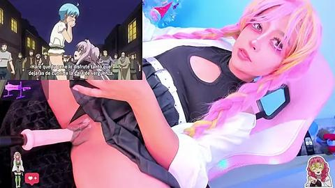 Media: This image is a digital collage featuring anime-style characters in a sexually explicit setting. The left side shows a group of characters in a nighttime city scene, while the right side depicts a pink gaming chair with a woman masturbating.