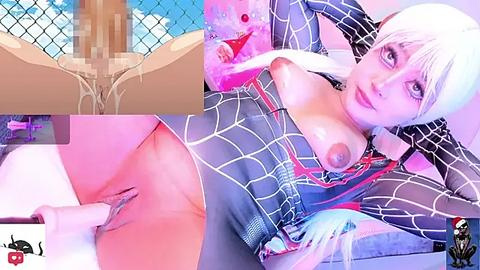 Media: Video of a woman in a Spider-Man suit, revealing her breasts and vagina, with a penis penetrating her, against a colorful background.