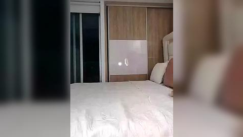 Media: Video of a modern bedroom with a white bed, beige headboard, and sliding wooden wardrobe door. A faint, blurry figure is partially visible in the background.