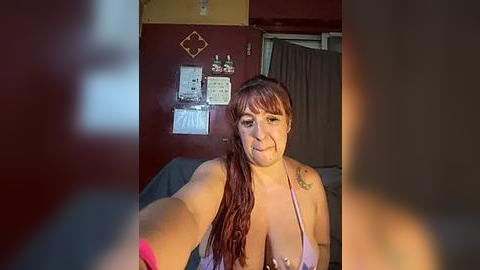 Media: Video of a fair-skinned woman with long, red hair and medium-sized breasts, wearing a purple halter top, taking a selfie in a dimly lit room with brown walls, pinned-up notes, and a window with curtains.