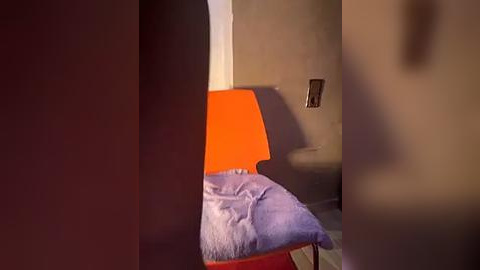 Media: A video of a small, dimly lit room with a bright orange chair and a purple blanket on a bed against a beige wall.