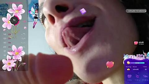 Media: A close-up video of a woman's face, mouth open, with an erect penis in her mouth. The background is blurred, and there are Snapchat filters and stickers.