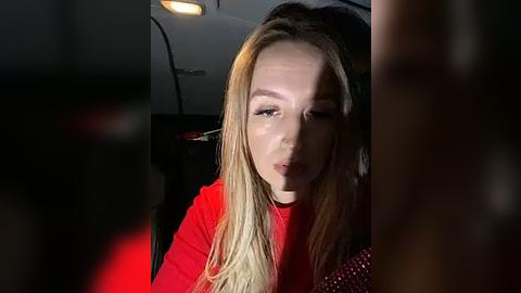 Media: A video of a blonde woman with fair skin, wearing a red shirt, sitting in a dimly lit car. Her face is partially in shadow, creating a dramatic, intimate atmosphere.