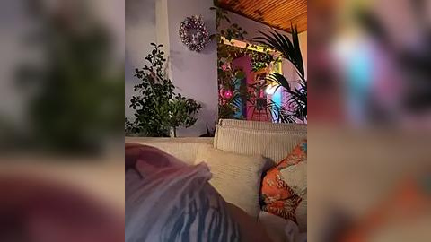 Media: Video of a cozy indoor space with a beige couch, floral cushions, and potted plants; wooden ceiling and colorful lighting in the background.