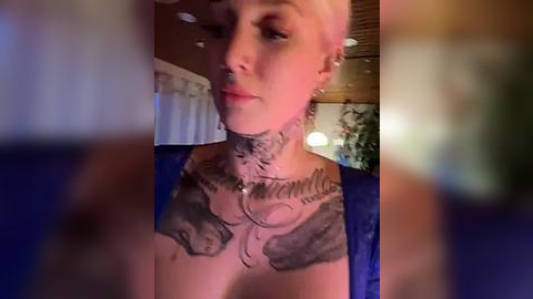 Media: Video of a person with short, platinum blonde hair, wearing a blue top, and several detailed tattoos on their chest. The background features a blurred indoor setting with warm lighting.