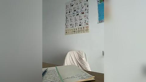 Media: A video of a simple, sparsely furnished room with a white wall adorned with a large, alphabet chart and a blue poster. A beige chair is placed in front of a wooden desk, with an open notebook and pen visible on the desk.