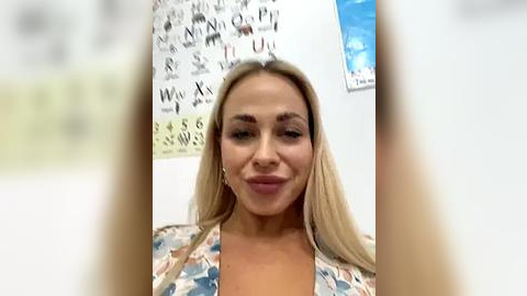 Media: Video of a smiling, light-skinned, blonde woman with long hair, wearing a patterned blouse, standing in a brightly lit room with a wall chart and a blue-framed window in the background.