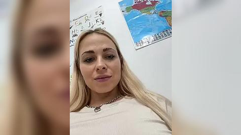 Media: Video of a young woman with long blonde hair, wearing a beige top, standing in a classroom with a whiteboard and world map in the background.