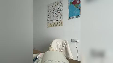 Media: Video of a minimalist, light-colored room with a white chair, a beige blanket, a wall-mounted alphabet poster, a map, and a white outlet.