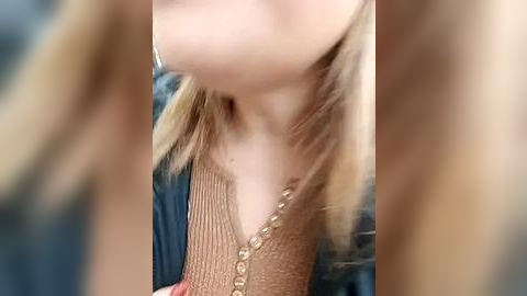 Media: A blurry video of a woman with long blonde hair, wearing a brown, ribbed, V-neck sweater with a gold chain necklace, seen from the waist up.