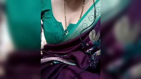 Media: Video of a woman's chest in a teal blouse and maroon sari, adorned with floral embroidery, wearing a gold necklace, blurred background.