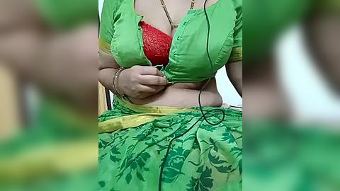 Media: Video of a woman with light brown skin, wearing a green blouse and matching sari with yellow trim. She's adjusting a red bra under the blouse.