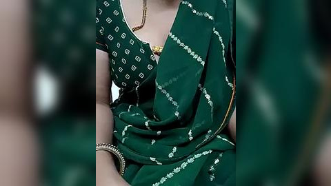 Media: Video of a woman wearing a green sari with white floral embroidery, gold jewelry, and a wristwatch, her face blurred.