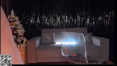 Media: Video of a modern living room with a white couch, clear acrylic chair, and dark, shiny tinsel curtain backdrop.