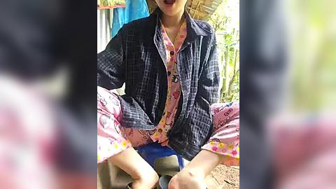 Media: A video of a light-skinned woman with auburn hair, wearing a plaid jacket over a floral-patterned shirt, sitting cross-legged on a blue stool, surrounded by green foliage.