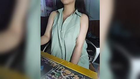 Media: A video of an Asian woman with light skin, wearing a sleeveless light green button-up shirt, sitting at a cluttered desk. The background features a wooden wall and a blurred person in the foreground.