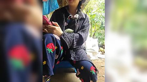 Media: Video of a person wearing a blue shirt and pants with strawberry prints, sitting outdoors on a stool, holding a smartphone, surrounded by greenery.