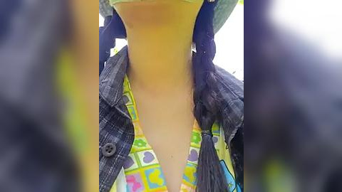 Media: A close-up video of a person wearing a yellow dress with a green plaid jacket. The image is slightly blurred, emphasizing the subject's attire and neck area.