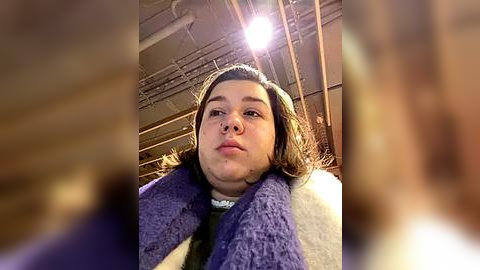 Media: A video of a young woman with medium skin tone, shoulder-length brown hair, and a contemplative expression. She wears a purple fleece jacket over a white shirt. The background features a dimly lit, industrial space with metal beams and a single, bright spotlight.