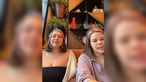 Media: Video of two women sitting on a couch in a cozy, modern living room. One wears a black dress, the other a lavender sweater. Background features a wooden bookshelf with plants and decor.