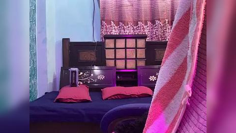 Media: Video of a small bedroom with a dark wooden headboard and glass panel, red pillows on a blue bed, floral curtains, and pink wall.