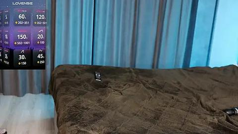 Media: Video of a bed with a dark brown quilt, a small black object, and blue curtains in the background; a digital screen displays sports odds.