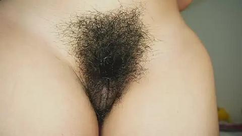 Media: Video of a light-skinned person's lower abdomen and genital area, showcasing a dense, dark pubic hair. The background is out of focus, likely a neutral indoor setting.