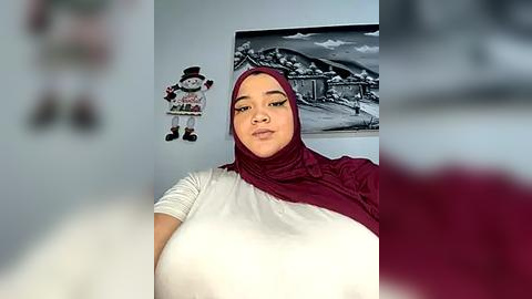 Media: Video of a young woman with a medium complexion, large breasts, and wearing a white shirt and maroon hijab, standing in front of a snowy mountain mural.