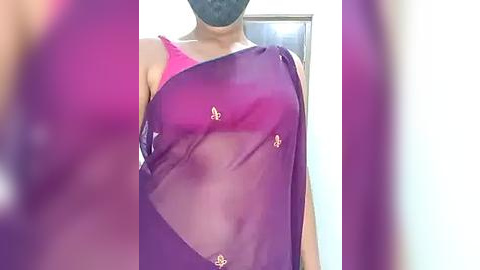 Media: A video of a person wearing a see-through purple sari with gold embroidery, revealing a pink bra underneath. The person is masked and their face is not visible.