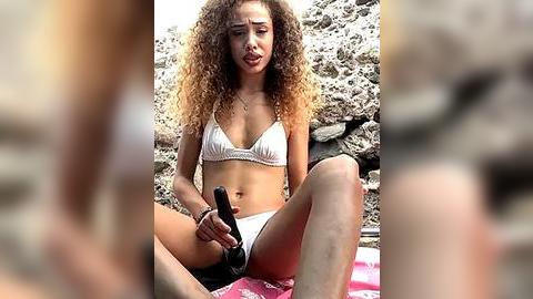 Media: A video captures a woman with curly hair in a white bikini, sitting on a pink towel, masturbating with a black vibrator, against a rocky background.