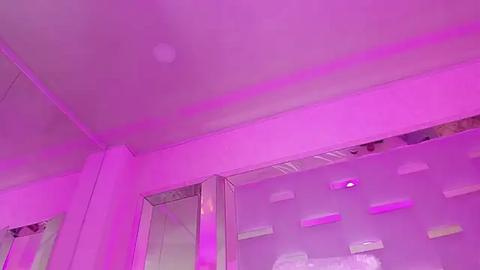 Media: Video of a minimalist room with a purple hue. White walls, rectangular mirrors, and geometric shapes on the ceiling create a modern, abstract atmosphere.