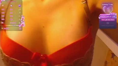 Media: Video of a close-up of a woman's cleavage in a red bra, with a digital overlay of a virtual reality app, showing a game interface and a \"Wild Central Lake\" setting.