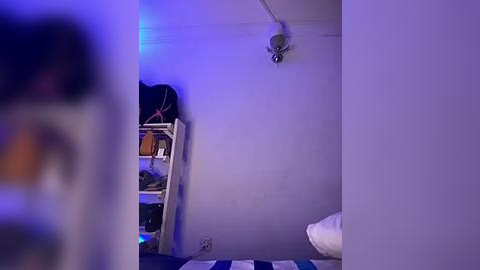 Media: Video of a dimly lit bedroom with a purple hue, featuring a white shelving unit holding clothes and a white bed with a blue and white striped blanket.