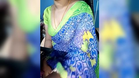 Media: Video of a person wearing a vibrant, patterned sari with blue, green, and yellow floral designs, seated indoors. The background is blurred, focusing on the sari's intricate details.