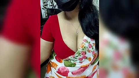 Media: A video of a woman with medium skin tone and black hair, wearing a red top and a floral-patterned skirt, with a black face mask. The background is blurred.