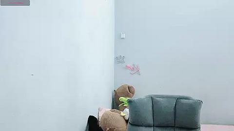 Media: Video of a simple, sparsely furnished room with a corner featuring a light grey couch, a beige cushion, and a stuffed teddy bear. The walls are plain white, with a few small scuffs and marks.