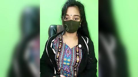 Media: Video of a South Asian woman with long black hair, wearing a green mask, black jacket, and colorful patterned blouse, seated in a chair against a green background.