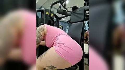 Media: Video of a heavily tattooed, light-skinned woman with a large chest and wide hips, wearing a tight pink sports bra and shorts, working out on gym equipment. Background includes black and grey gym machines.