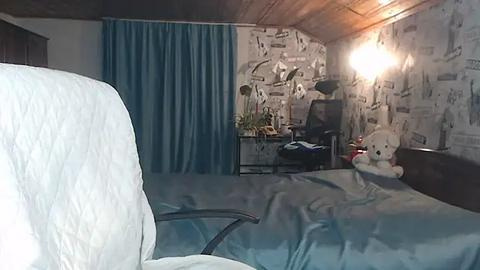 Media: Video of a dimly lit, cozy bedroom with a bed covered in a blue quilt, a plush teddy bear, a desk with a monitor, and a wall decorated with newspaper clippings.