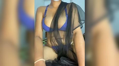 Media: Video of a woman in a sheer black mesh top, revealing a blue bra, sitting on a bed. The background is blurred, featuring a blue wall and a green object.